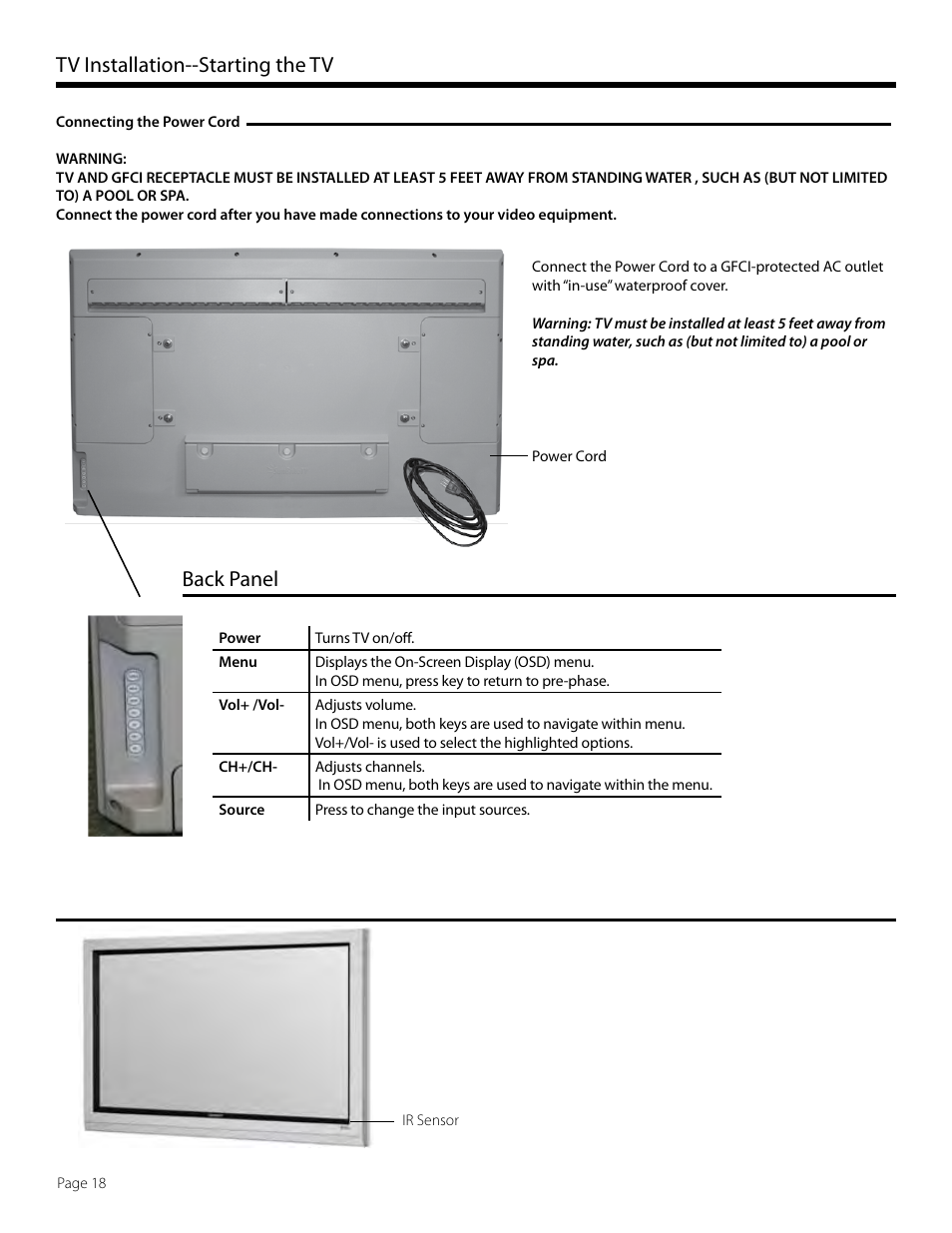 Tv installation--starting the tv, Back panel | SunBriteTV SB-5560HD User Manual | Page 18 / 40