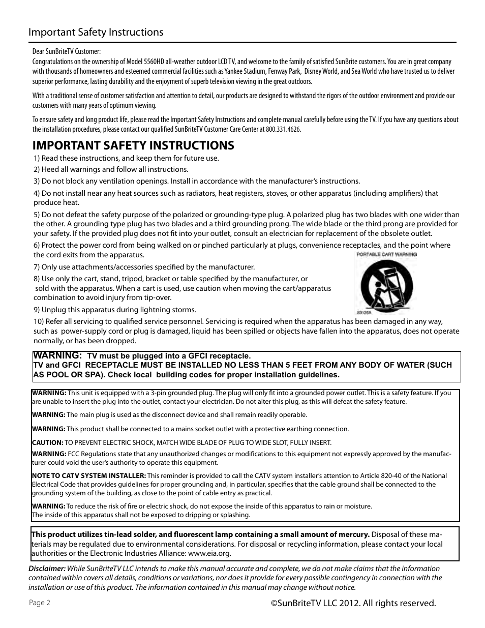 Important safety instructions | SunBriteTV SB-5560HD User Manual | Page 2 / 40
