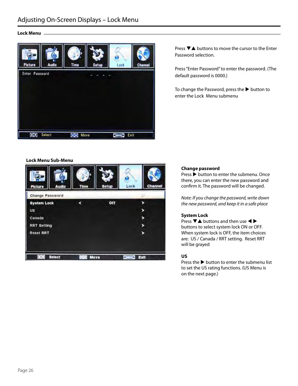 Adjusting on-screen displays – lock menu | SunBriteTV SB-5560HD User Manual | Page 26 / 40