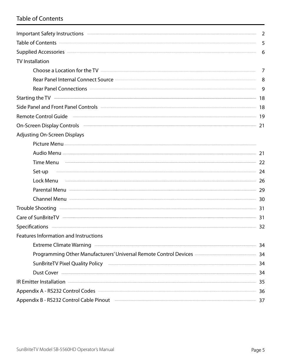 SunBriteTV SB-5560HD User Manual | Page 5 / 40