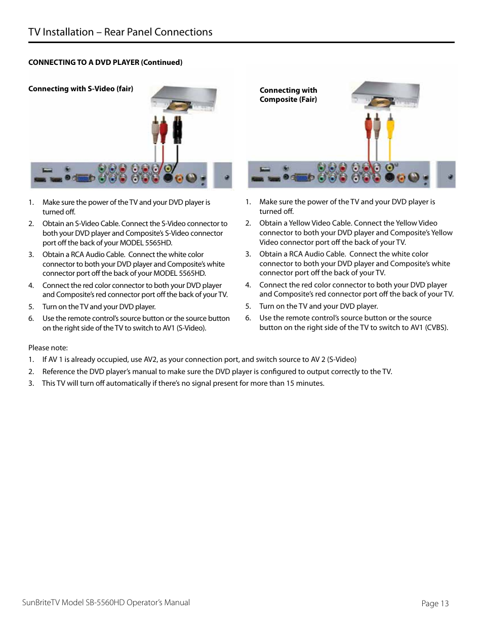 Tv installation – rear panel connections | SunBriteTV SB-5565HD User Manual | Page 13 / 40