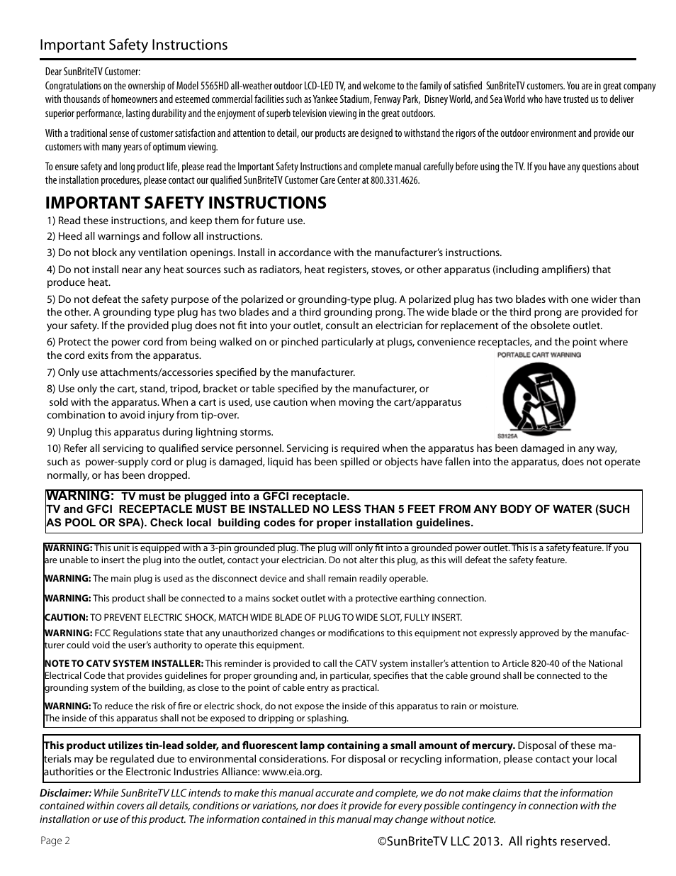 Important safety instructions | SunBriteTV SB-5565HD User Manual | Page 2 / 40