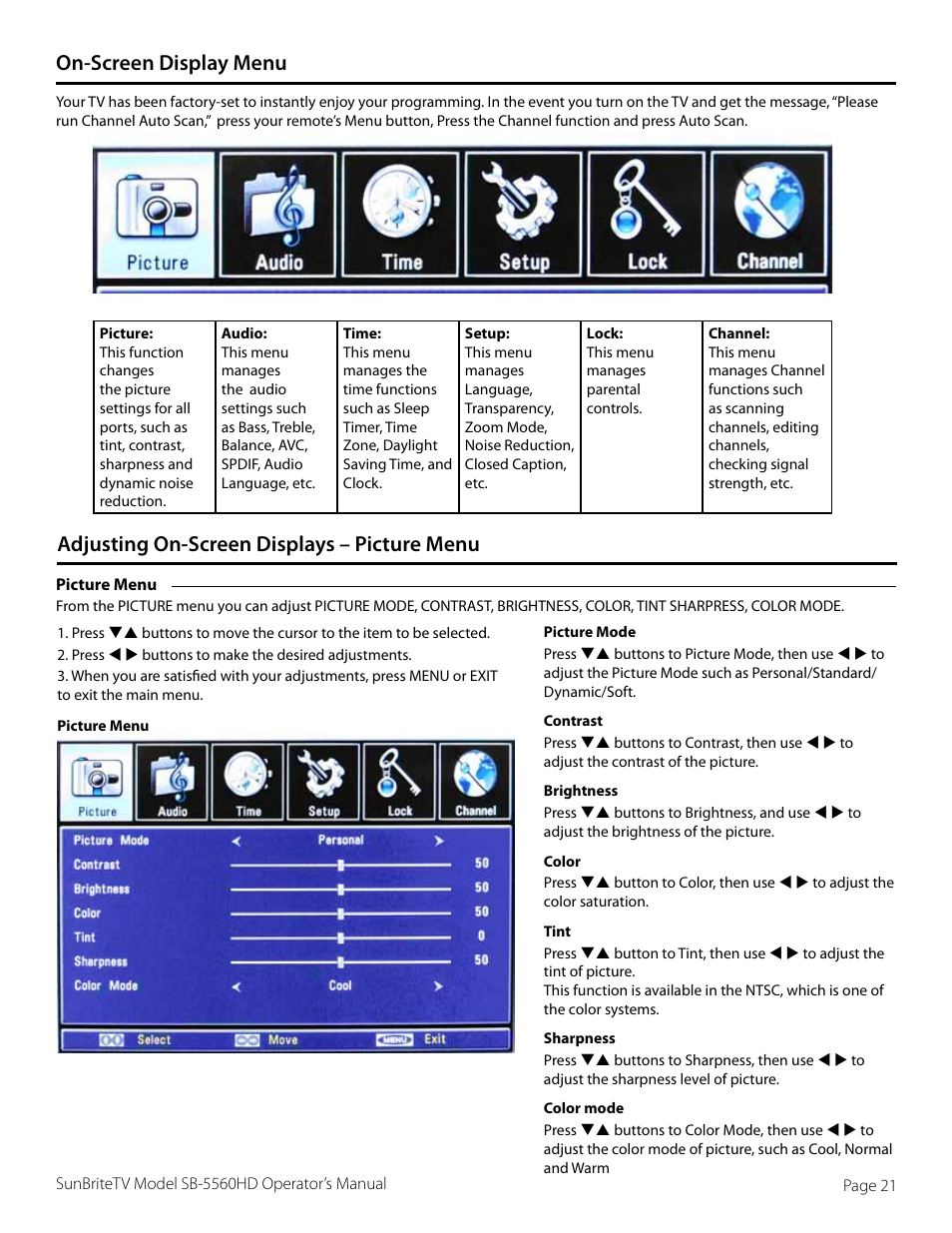 On-screen display menu, Adjusting on-screen displays – picture menu | SunBriteTV SB-5565HD User Manual | Page 21 / 40