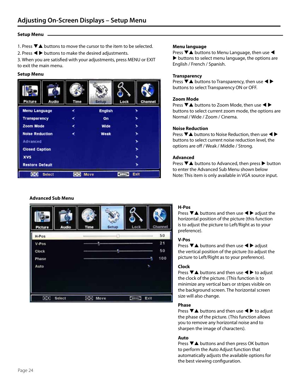 Adjusting on-screen displays – setup menu | SunBriteTV SB-5565HD User Manual | Page 24 / 40