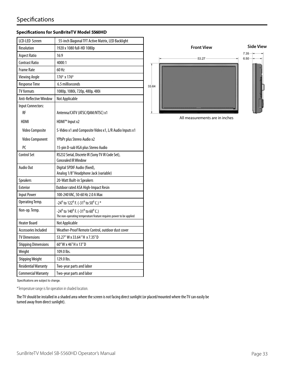 Specifications | SunBriteTV SB-5565HD User Manual | Page 33 / 40