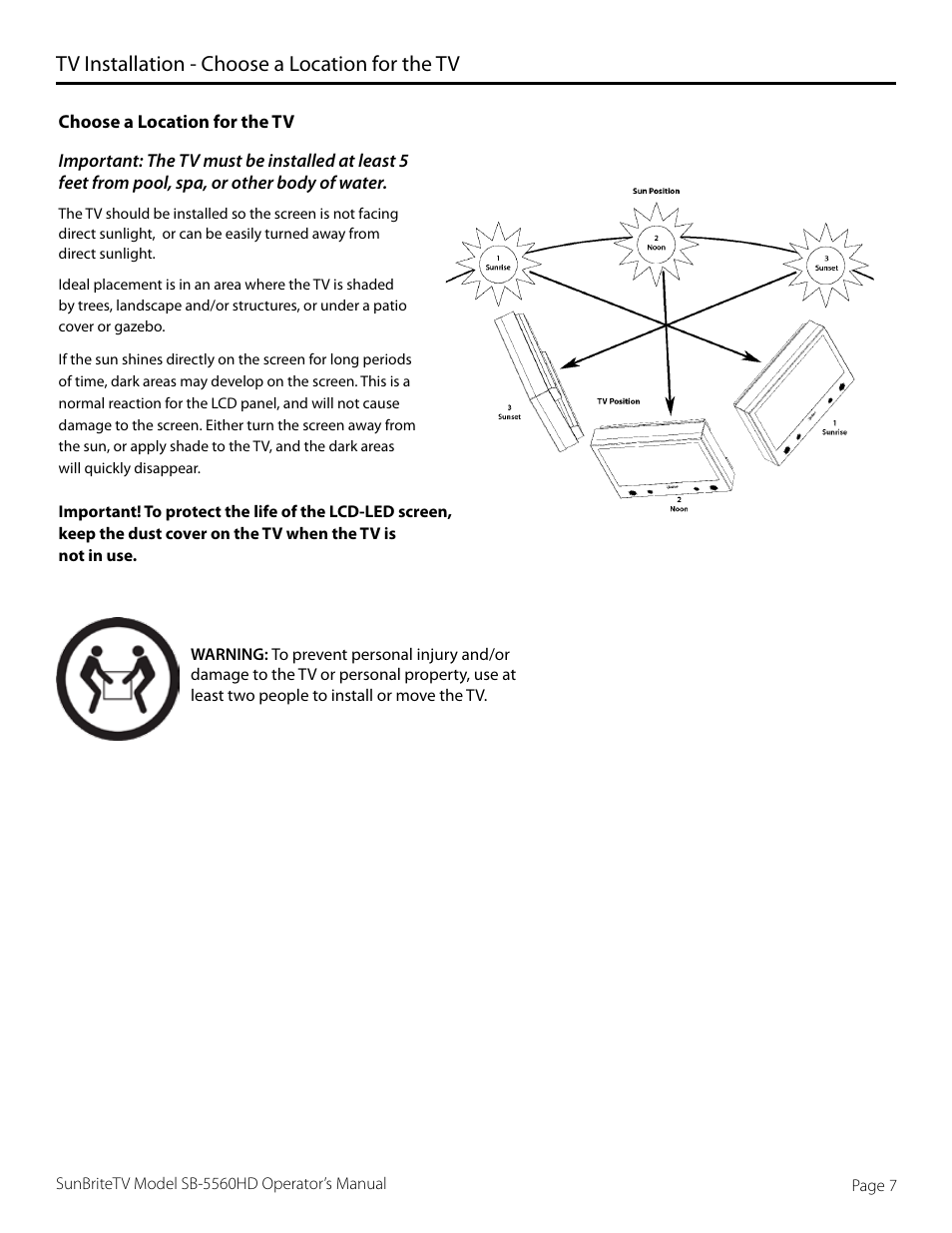 Tv installation - choose a location for the tv | SunBriteTV SB-5565HD User Manual | Page 7 / 40