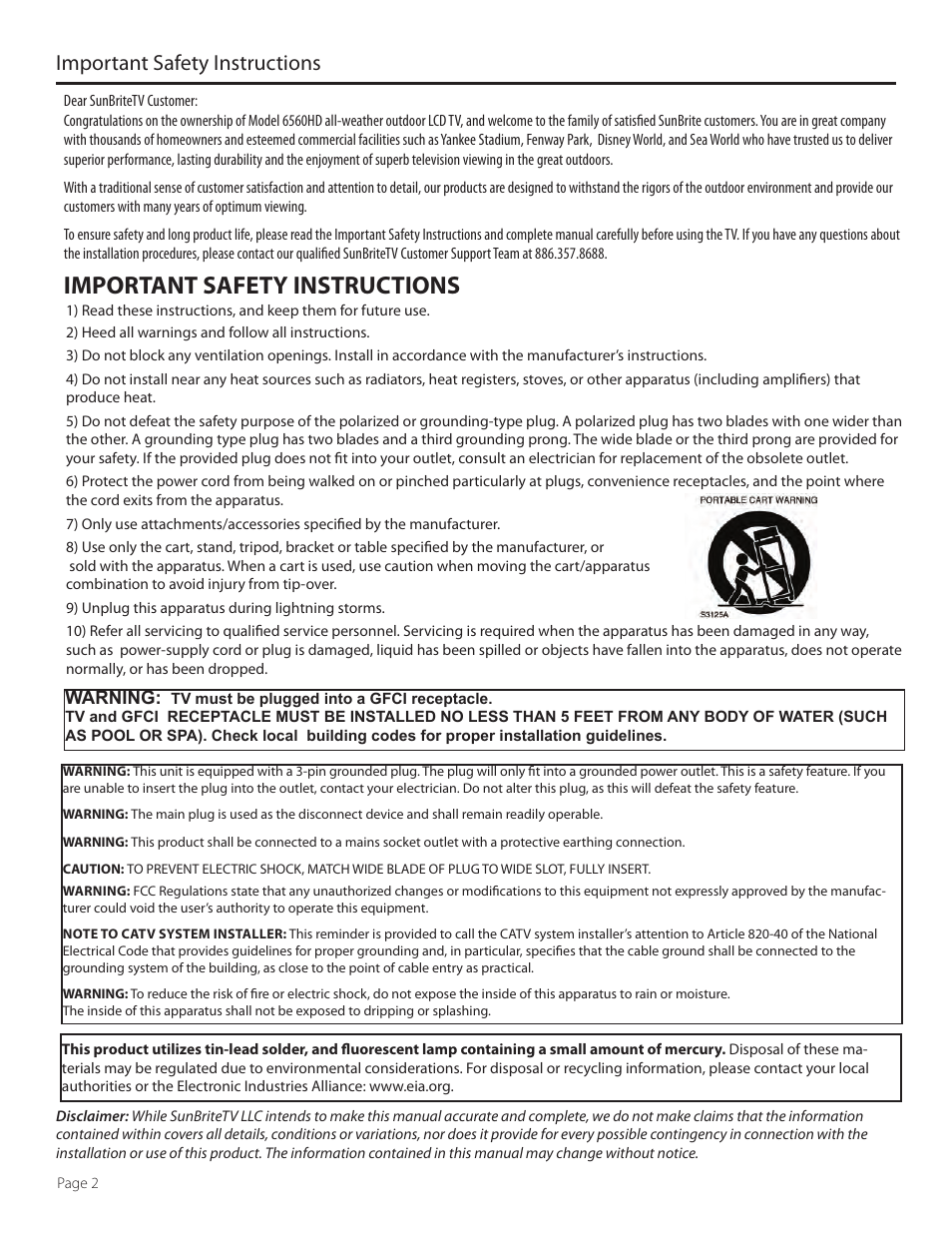Important safety instructions | SunBriteTV SB-6560HD User Manual | Page 2 / 40
