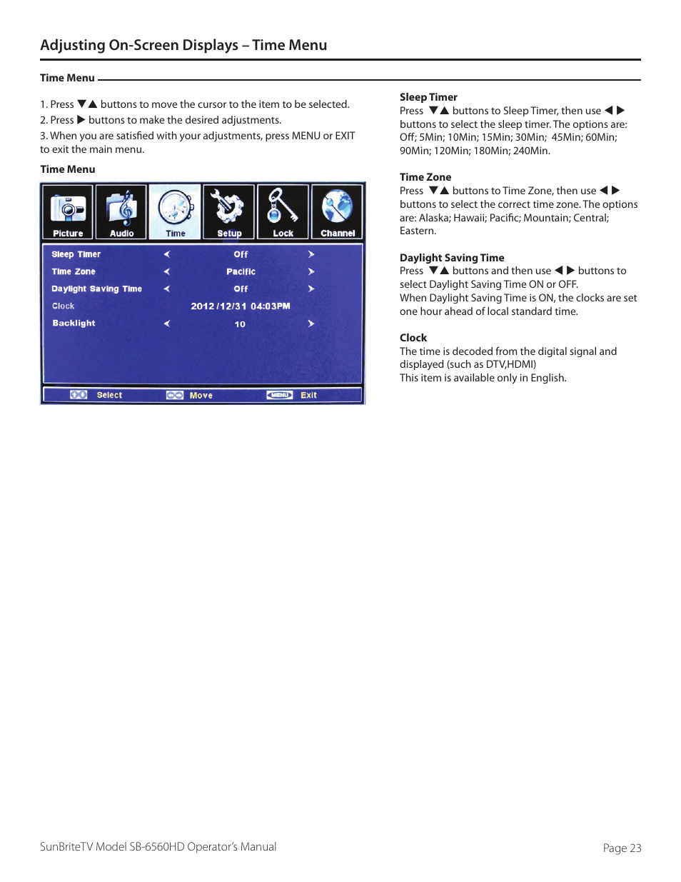 Adjusting on-screen displays – time menu | SunBriteTV SB-6560HD User Manual | Page 23 / 40