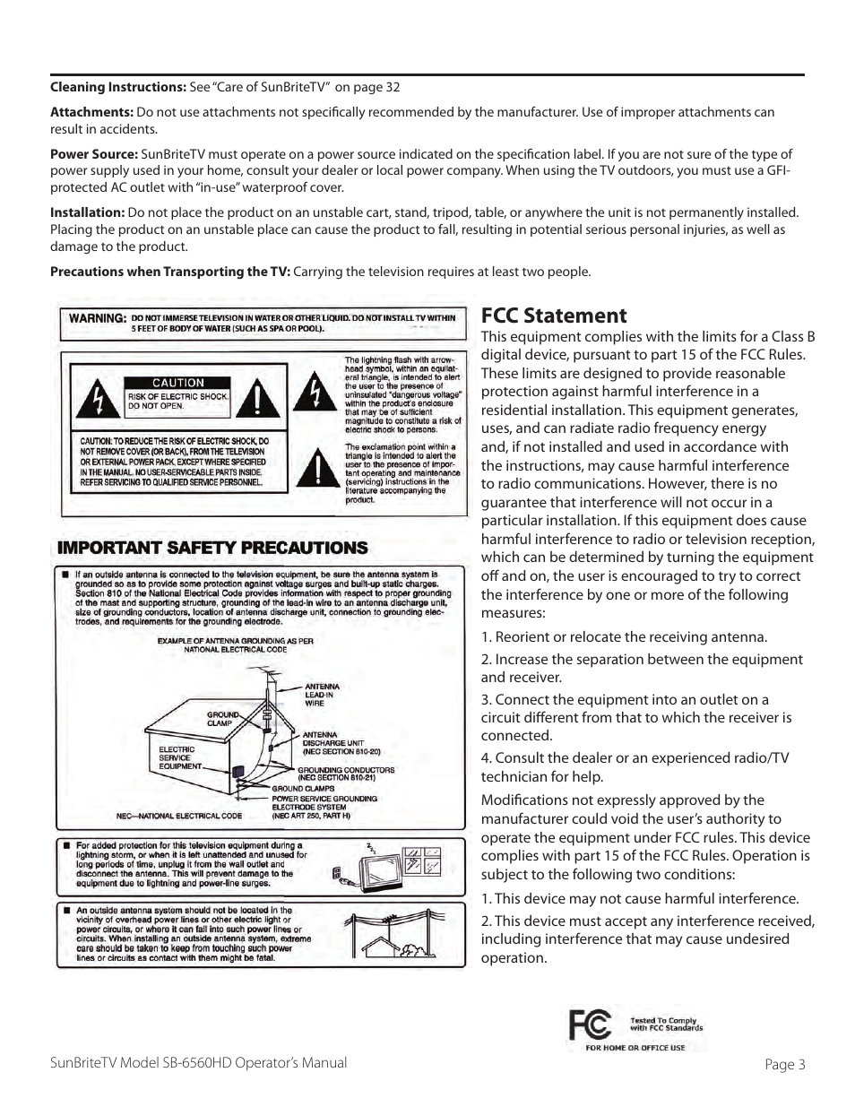 Fcc statement | SunBriteTV SB-6560HD User Manual | Page 3 / 40