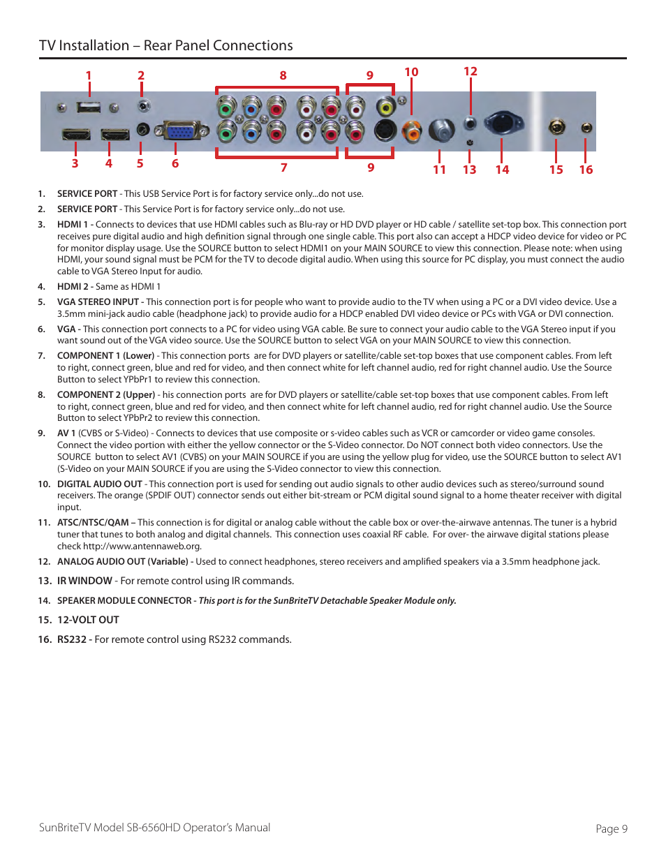 Tv installation – rear panel connections | SunBriteTV SB-6560HD User Manual | Page 9 / 40
