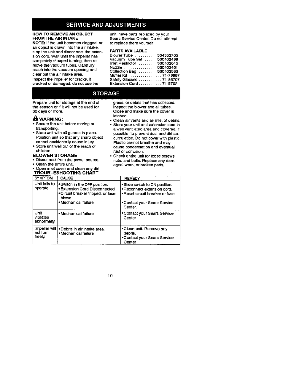 Service and adjustments, Storage, Warning | Blower storage, Troubleshooting chart | Craftsman 358.799380 User Manual | Page 10 / 10