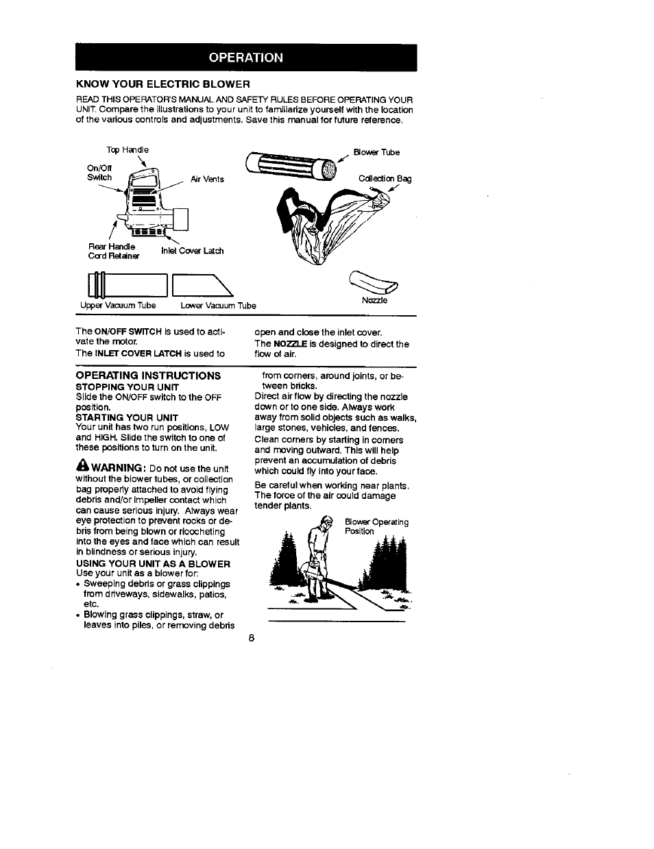 Operation, Know your electric blower | Craftsman 358.799380 User Manual | Page 8 / 10