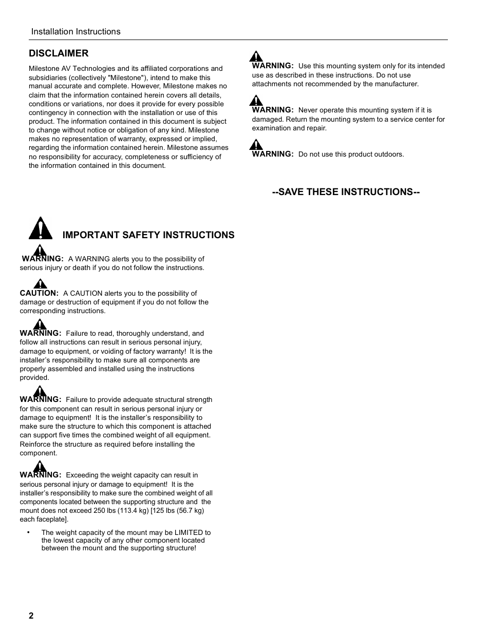 Disclaimer, Important safety instructions, Save these instructions | SunBriteTV SB-CMD46 User Manual | Page 2 / 8