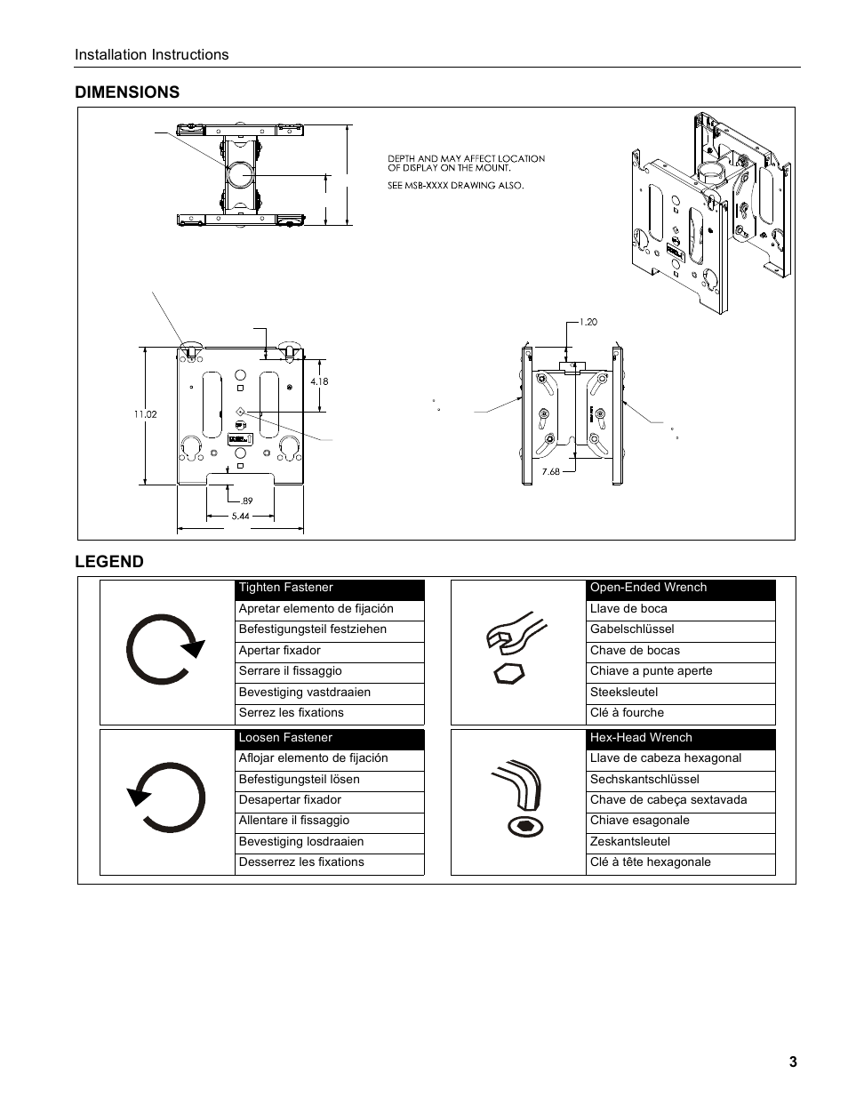 Dimensions legend, Installation instructions 3 | SunBriteTV SB-CMD46 User Manual | Page 3 / 8