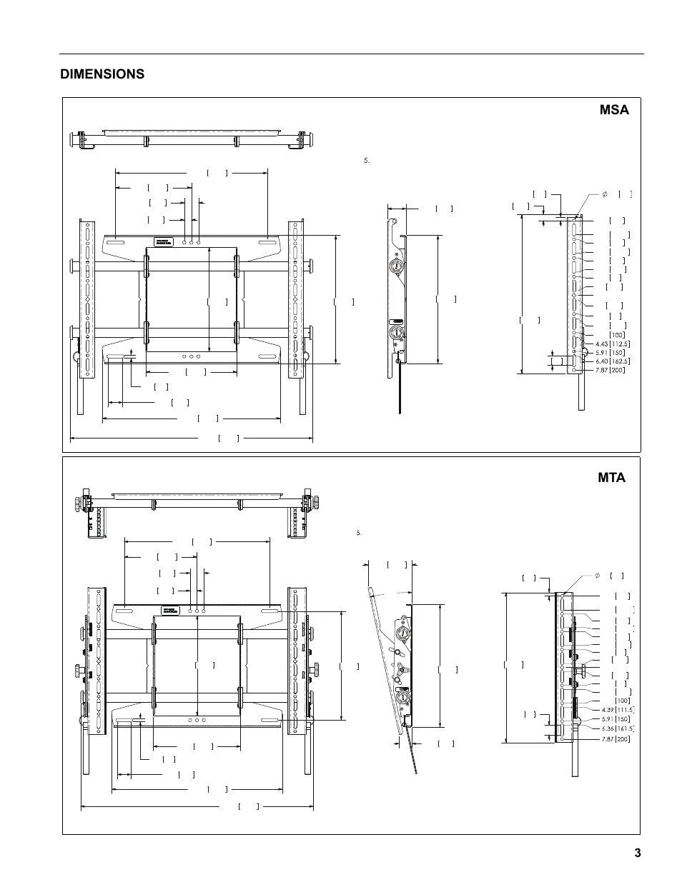 Dimensions, Installation instructions msa/mta series 3, Dimensions: [millimeters] inches | SunBriteTV SB-WM47PNA User Manual | Page 3 / 11
