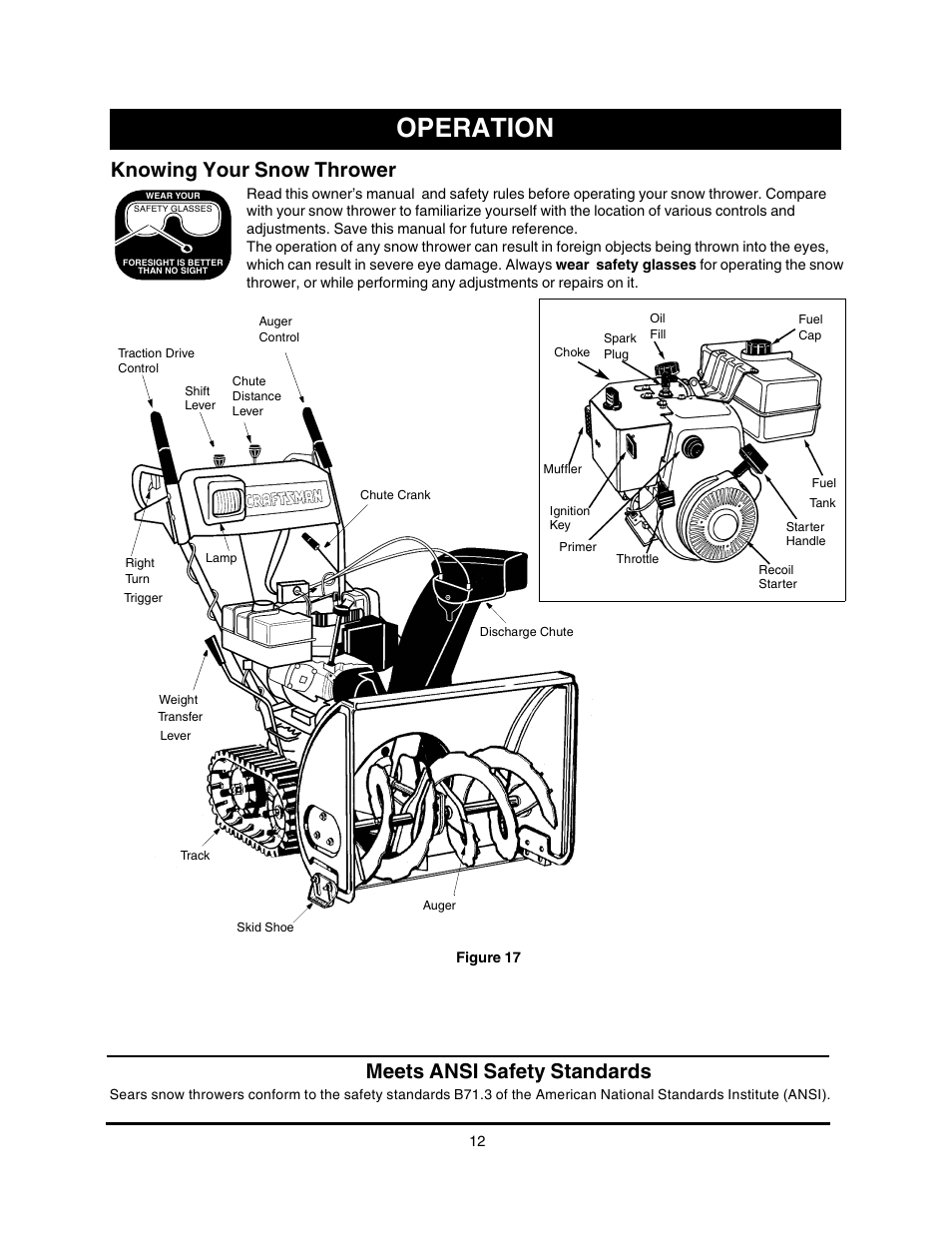 Operation, Knowing your snow thrower, Meets ansi safety standards | Craftsman 247.88855 User Manual | Page 12 / 64