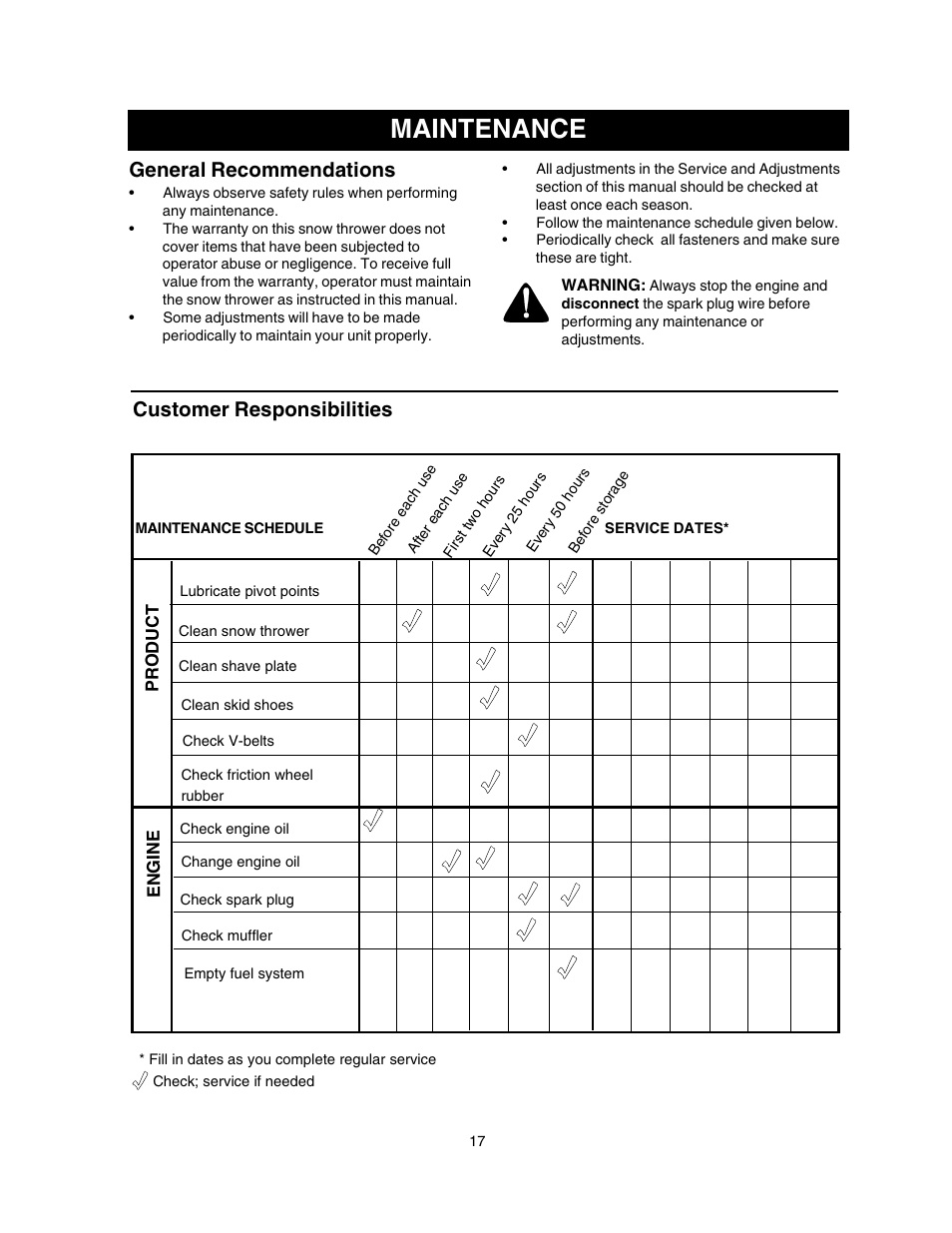 Maintenance, General recommendations, Customer responsibilities | Craftsman 247.88855 User Manual | Page 17 / 64