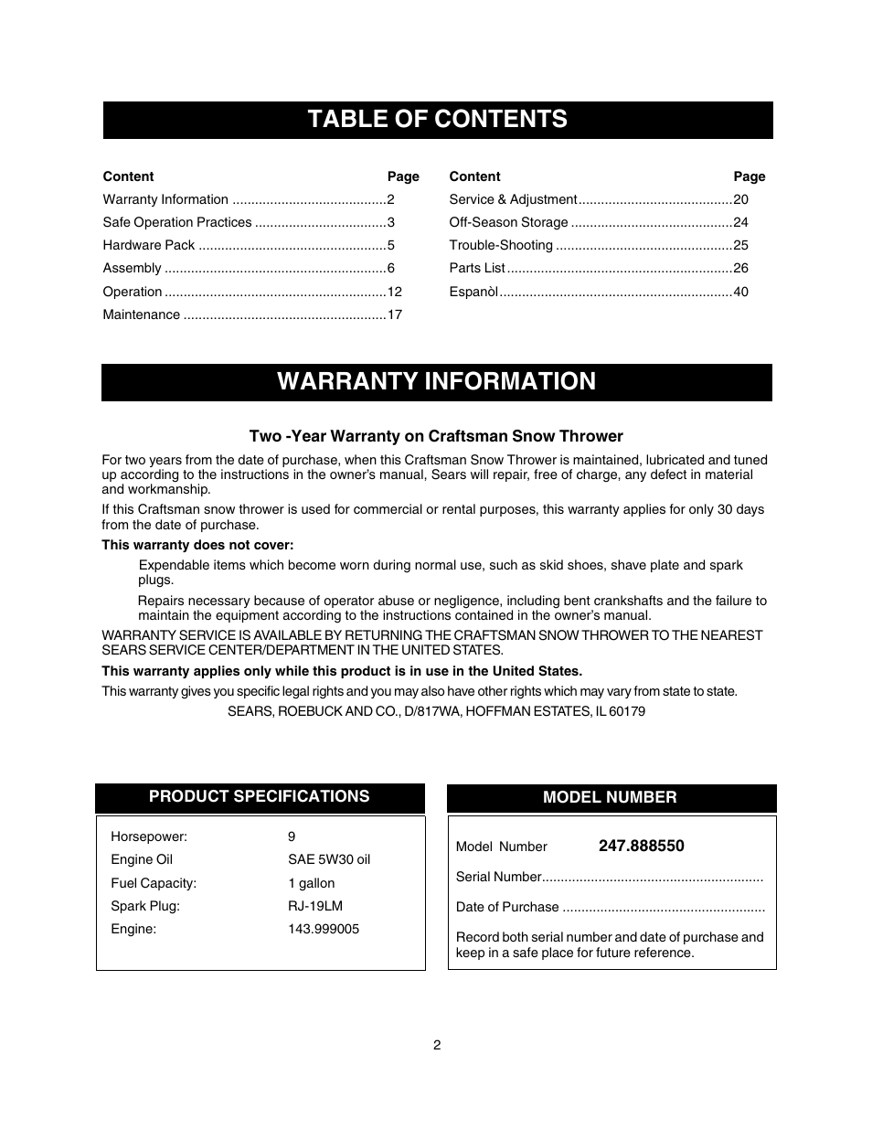 Warranty information table of contents | Craftsman 247.88855 User Manual | Page 2 / 64