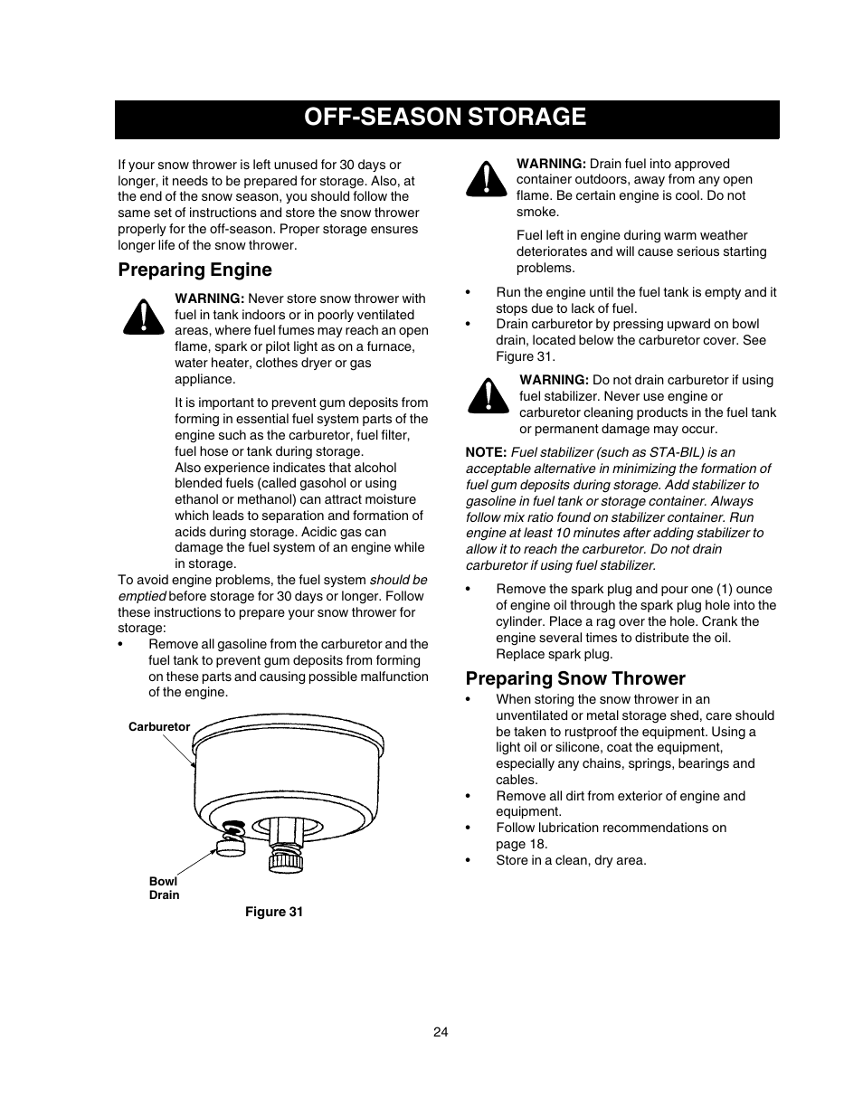 Off-season storage, Preparing engine, Preparing snow thrower | Craftsman 247.88855 User Manual | Page 24 / 64