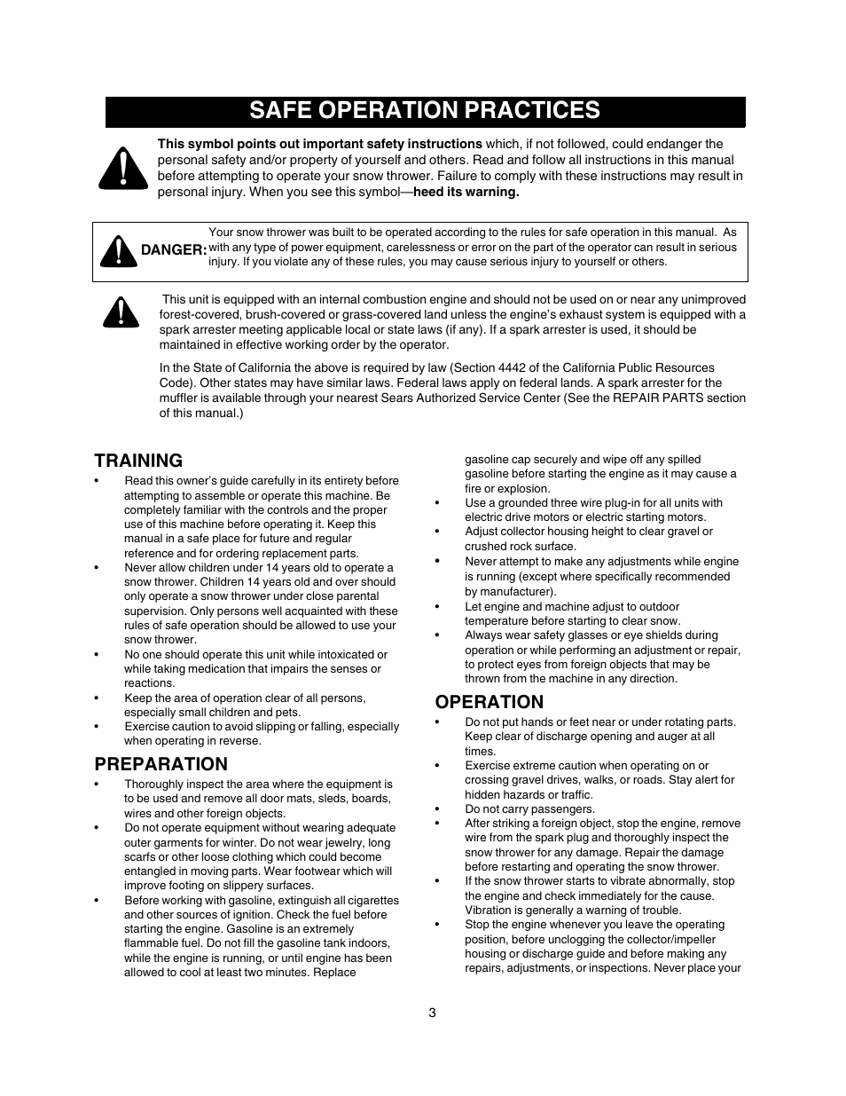 Safe operation practices, Training, Preparation | Operation | Craftsman 247.88855 User Manual | Page 3 / 64