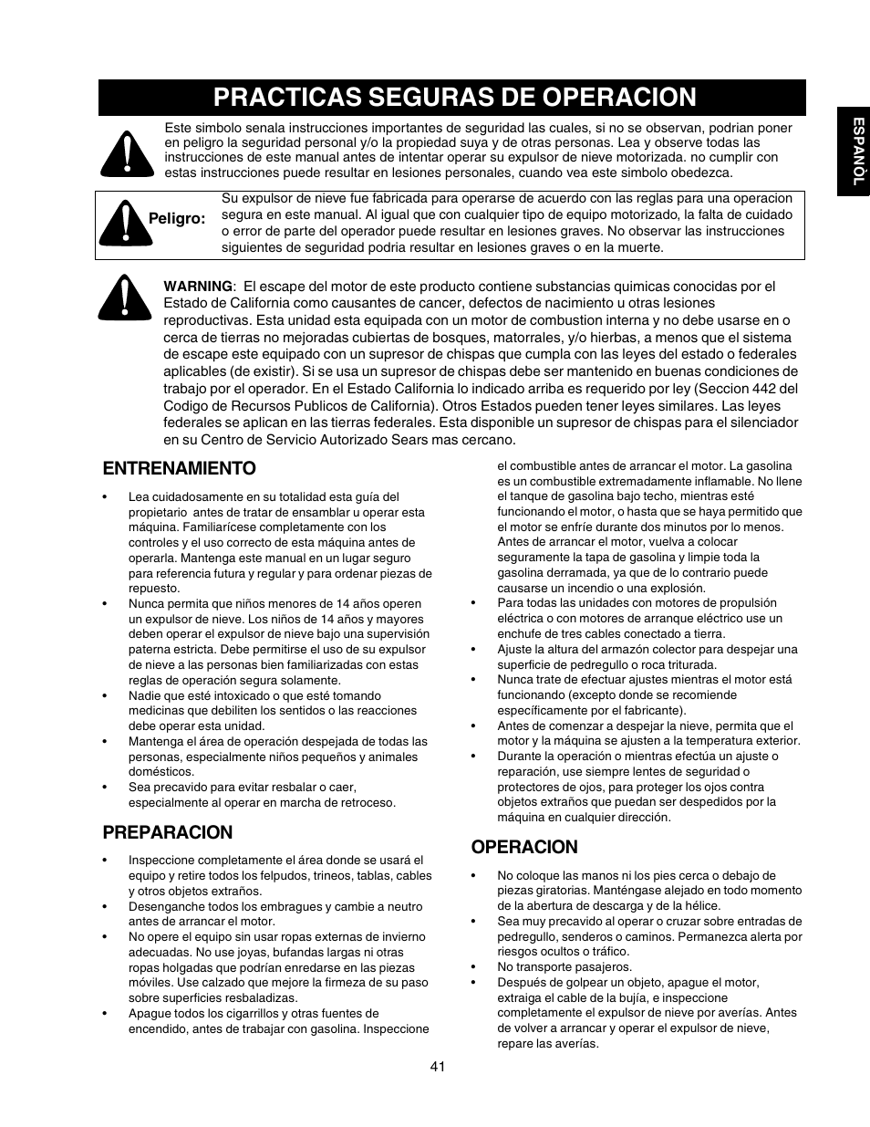 Practicas seguras de operacion, Entrenamiento, Preparacion | Operacion | Craftsman 247.88855 User Manual | Page 41 / 64