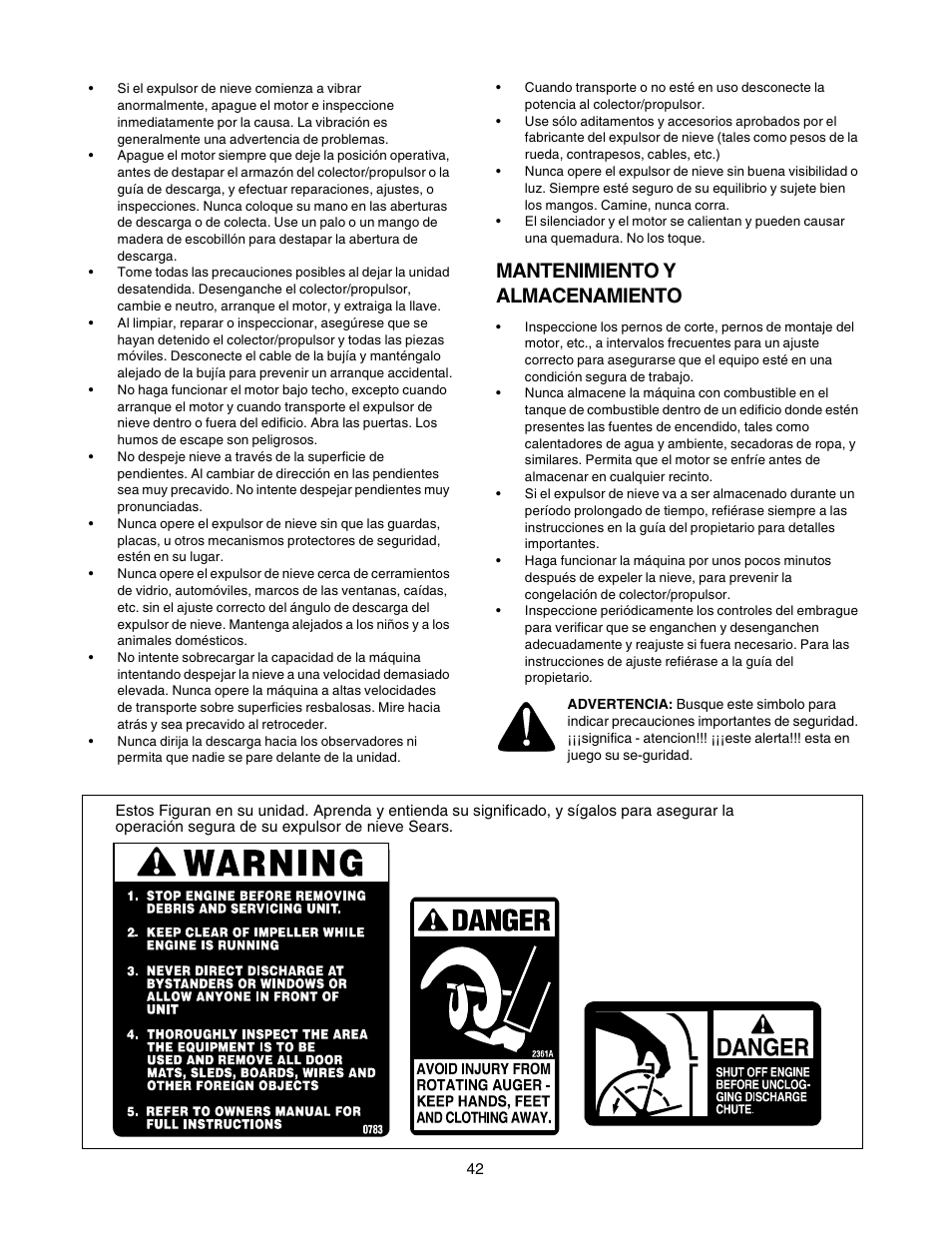 Mantenimiento y almacenamiento | Craftsman 247.88855 User Manual | Page 42 / 64