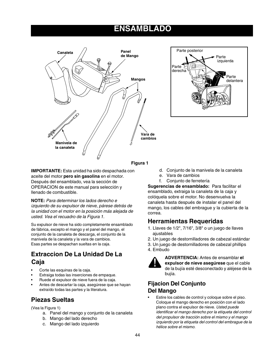 Ensamblado, Extraccion de la unidad de la caja, Piezas sueltas | Herramientas requeridas, Fijacion del conjunto del mango | Craftsman 247.88855 User Manual | Page 44 / 64