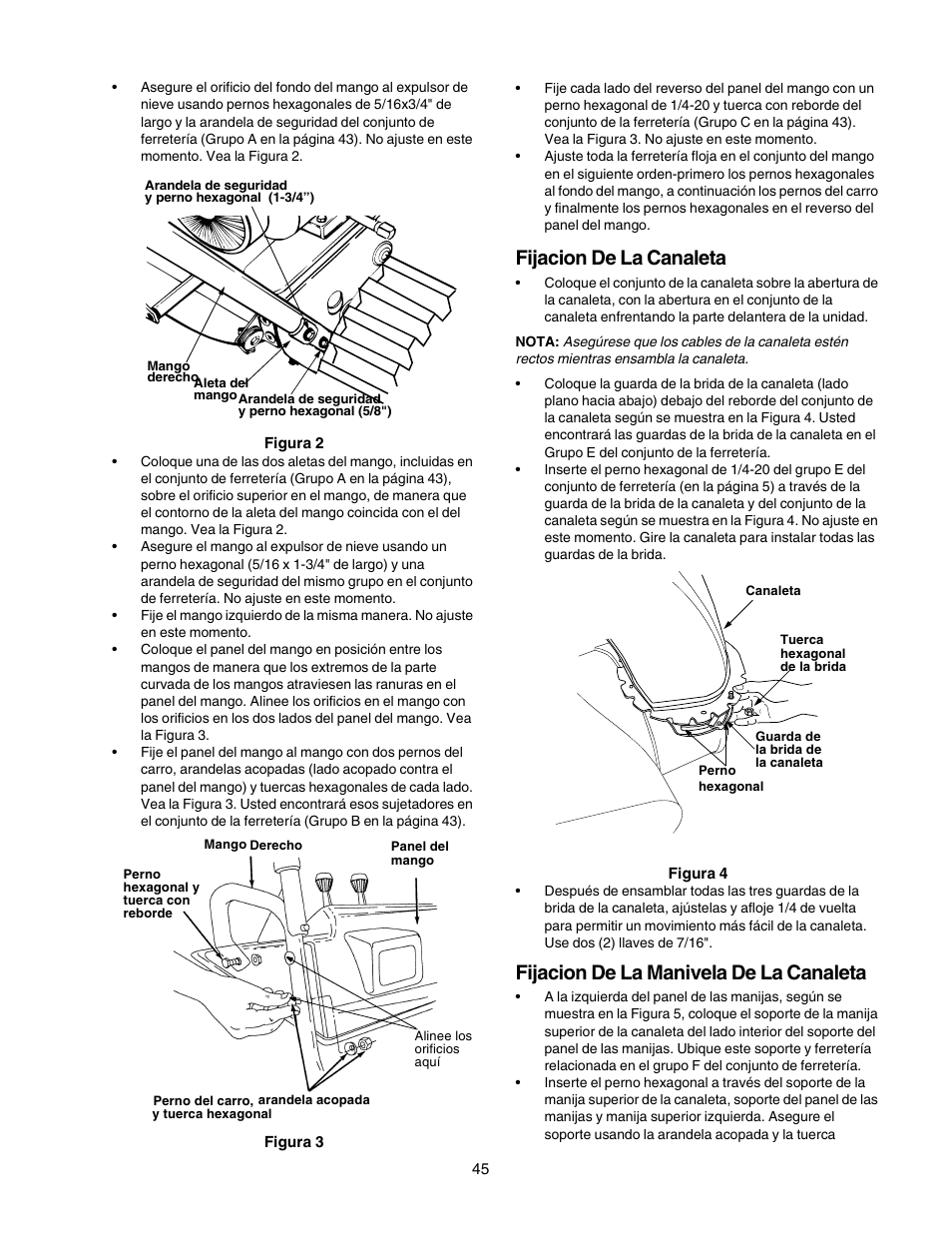 Fijacion de la canaleta, Fijacion de la manivela de la canaleta | Craftsman 247.88855 User Manual | Page 45 / 64