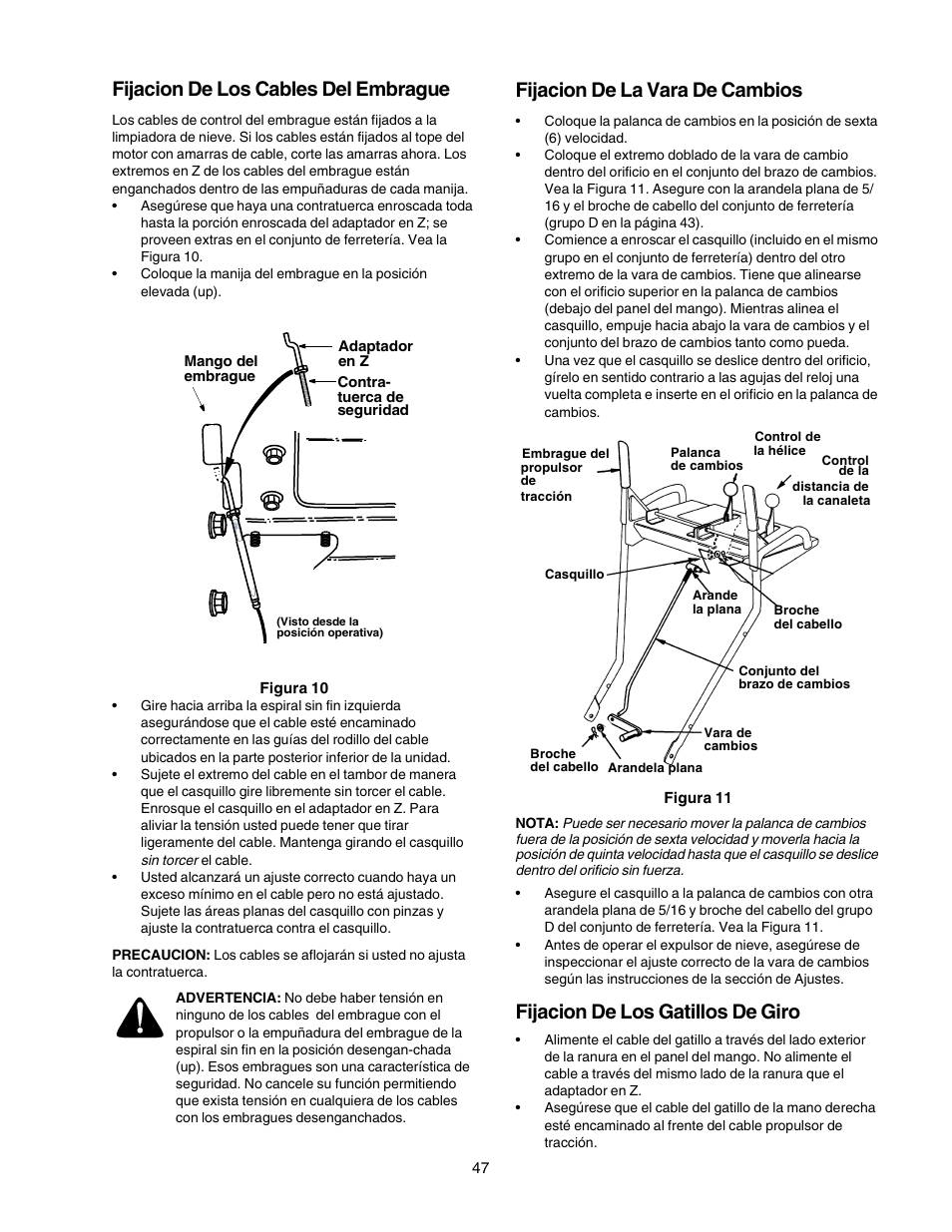 Fijacion de los cables del embrague, Fijacion de la vara de cambios, Fijacion de los gatillos de giro | Craftsman 247.88855 User Manual | Page 47 / 64