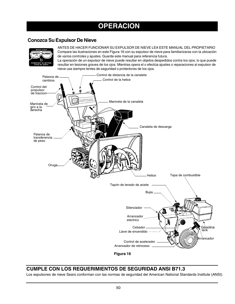 Operacion, Conozca su expulsor de nieve | Craftsman 247.88855 User Manual | Page 50 / 64