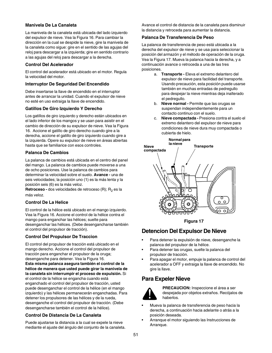 Detencion del expulsor de nieve, Para expeler nieve | Craftsman 247.88855 User Manual | Page 51 / 64