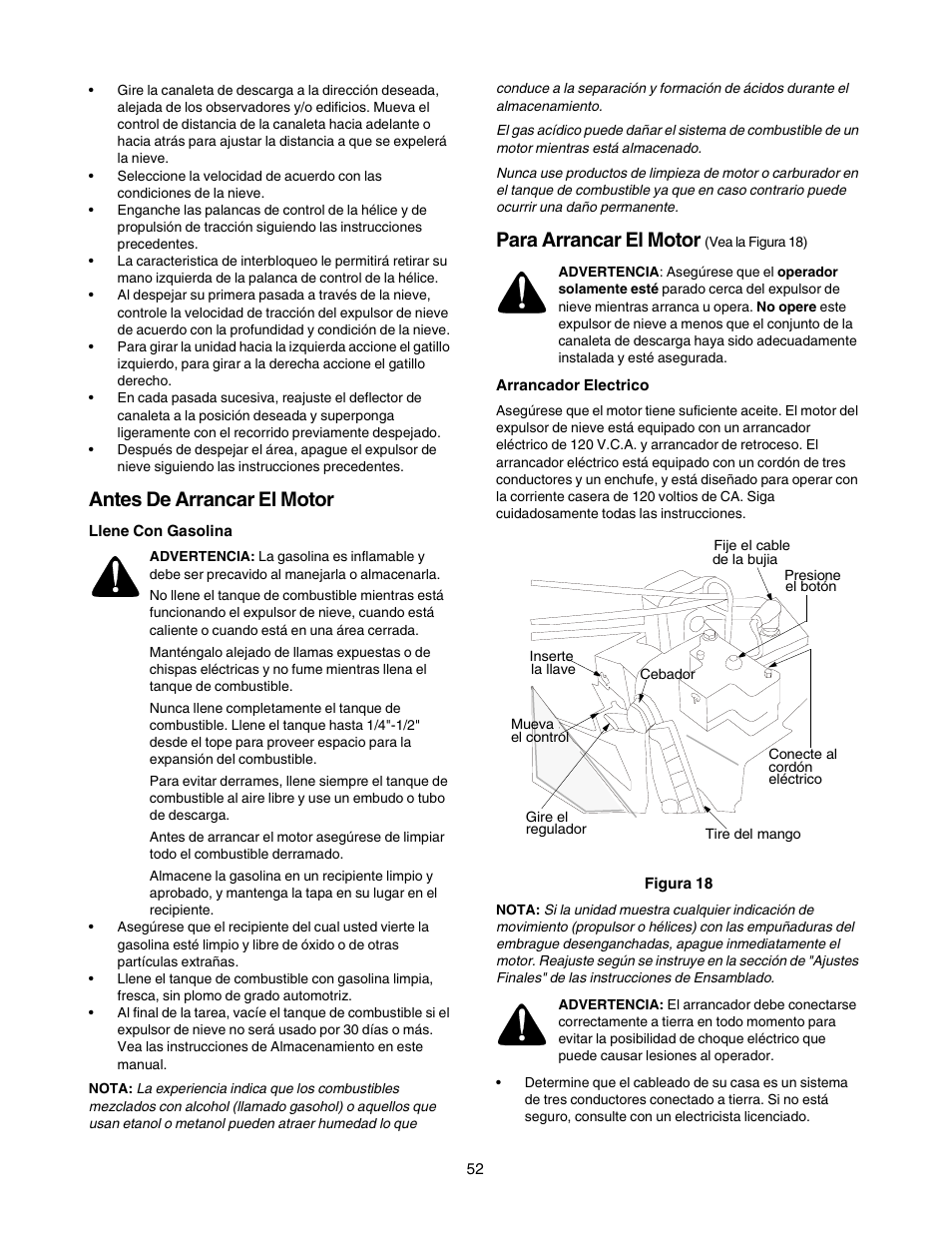 Antes de arrancar el motor, Para arrancar el motor | Craftsman 247.88855 User Manual | Page 52 / 64