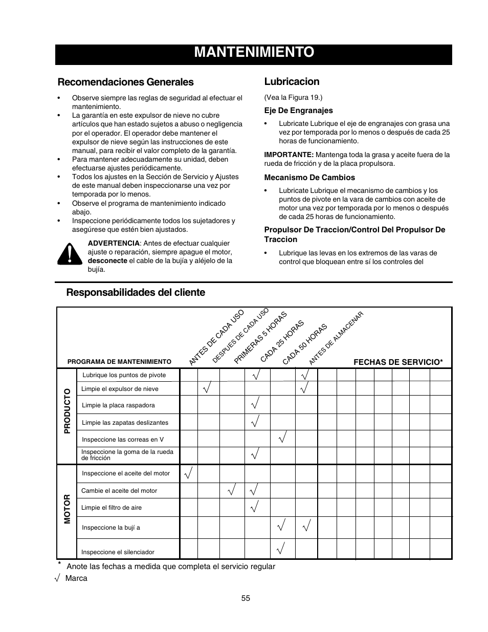 Mantenimiento, Recomendaciones generales, Lubricacion | Responsabilidades del cliente | Craftsman 247.88855 User Manual | Page 55 / 64