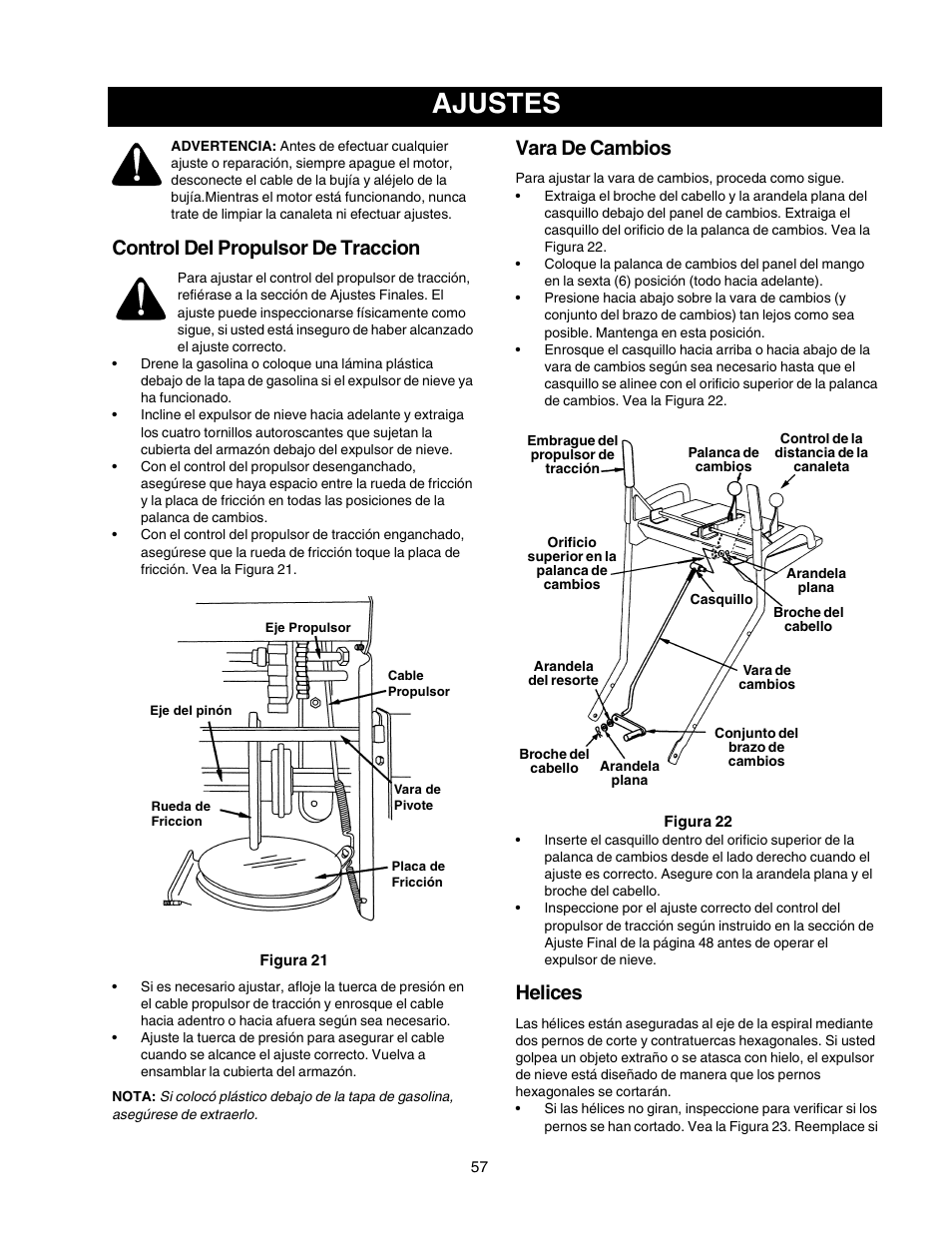 Ajustes, Control del propulsor de traccion, Vara de cambios | Helices | Craftsman 247.88855 User Manual | Page 57 / 64