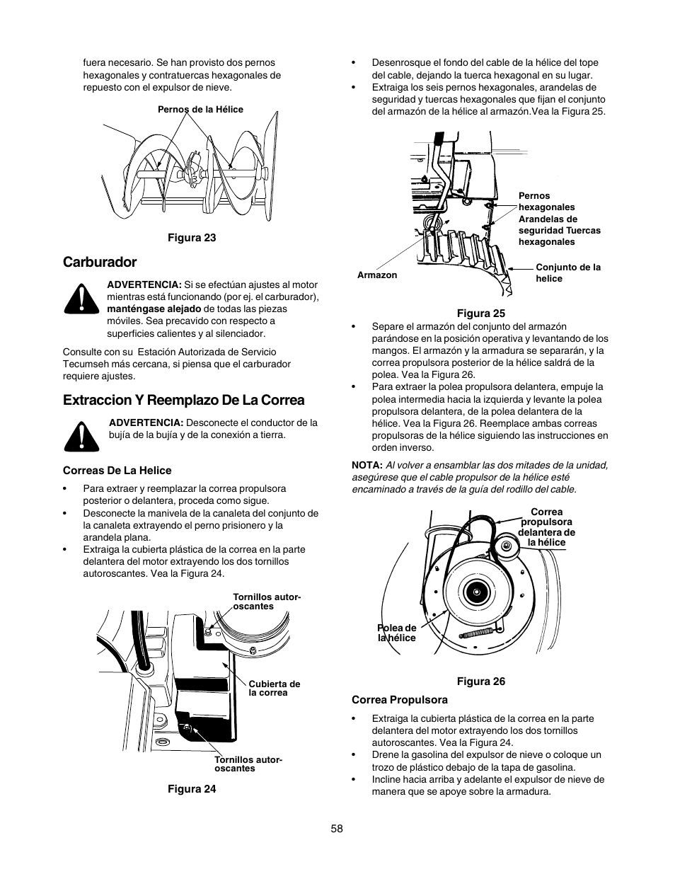 Carburador, Extraccion y reemplazo de la correa | Craftsman 247.88855 User Manual | Page 58 / 64