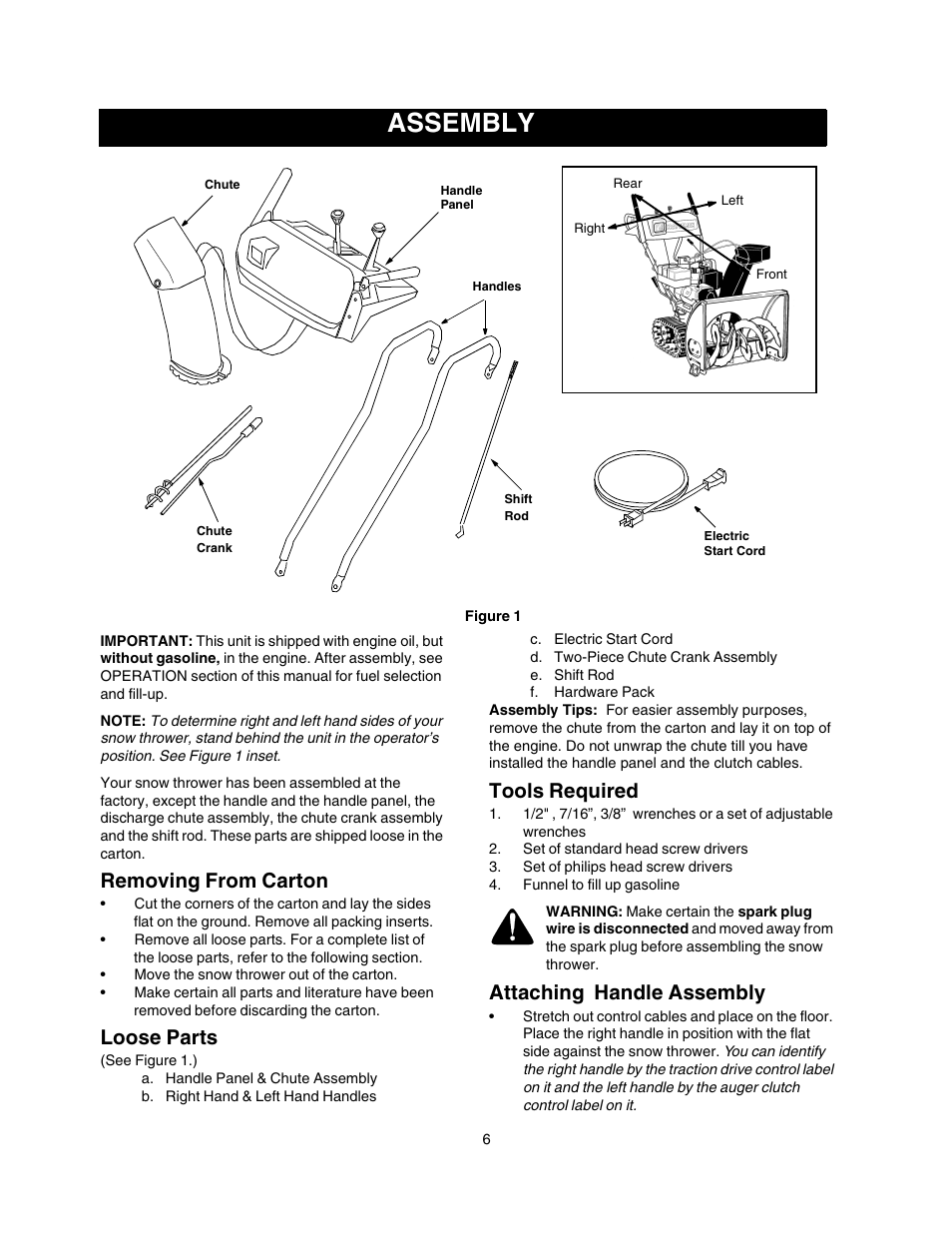 Assembly, Removing from carton, Loose parts | Tools required, Attaching handle assembly | Craftsman 247.88855 User Manual | Page 6 / 64