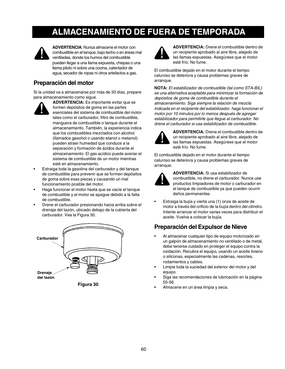 Almacenamiento de fuera de temporada, Preparación del motor, Preparación del expulsor de nieve | Craftsman 247.88855 User Manual | Page 60 / 64