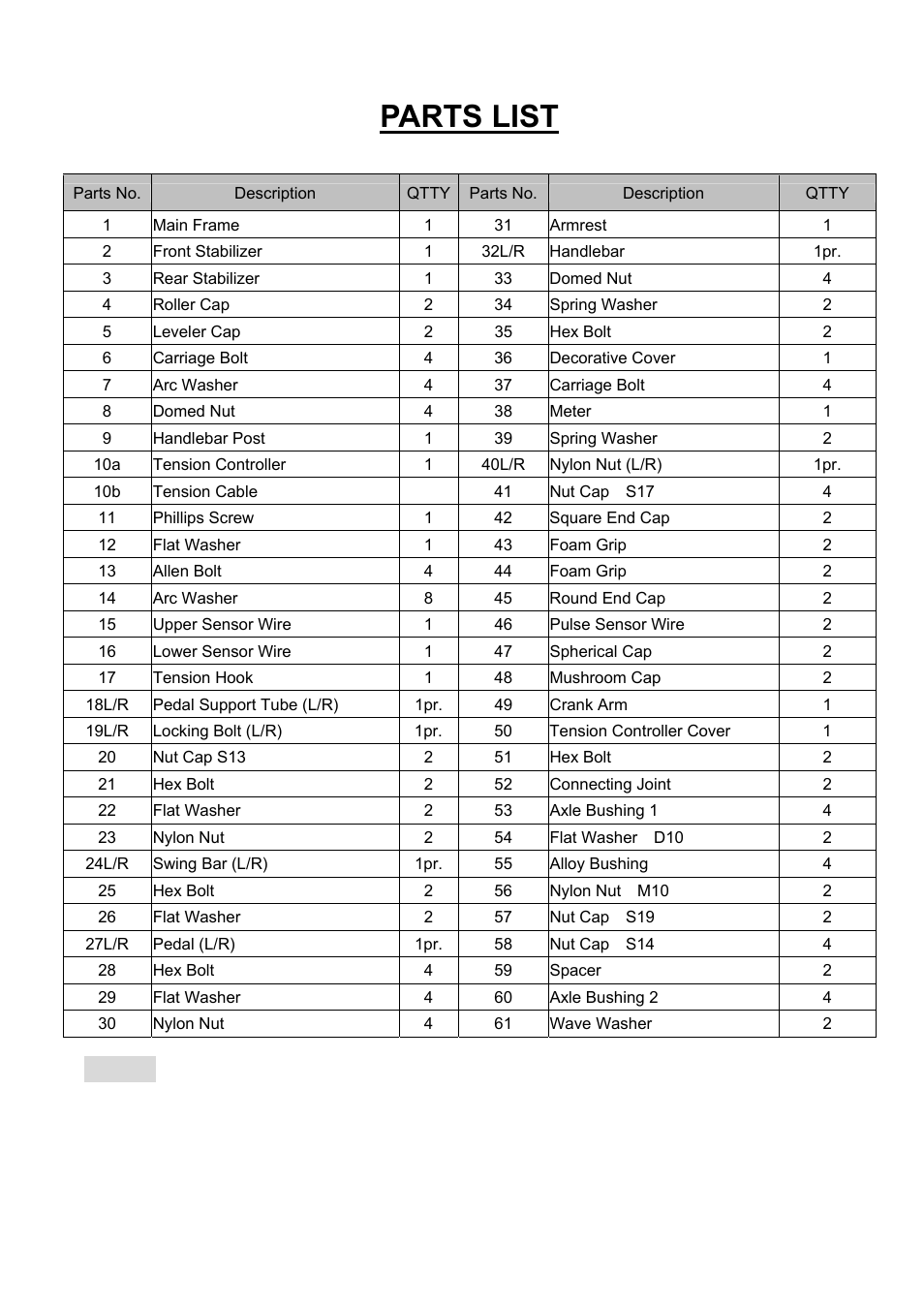 Parts list | Sunny Health & Fitness SF-E905 User Manual | Page 4 / 12