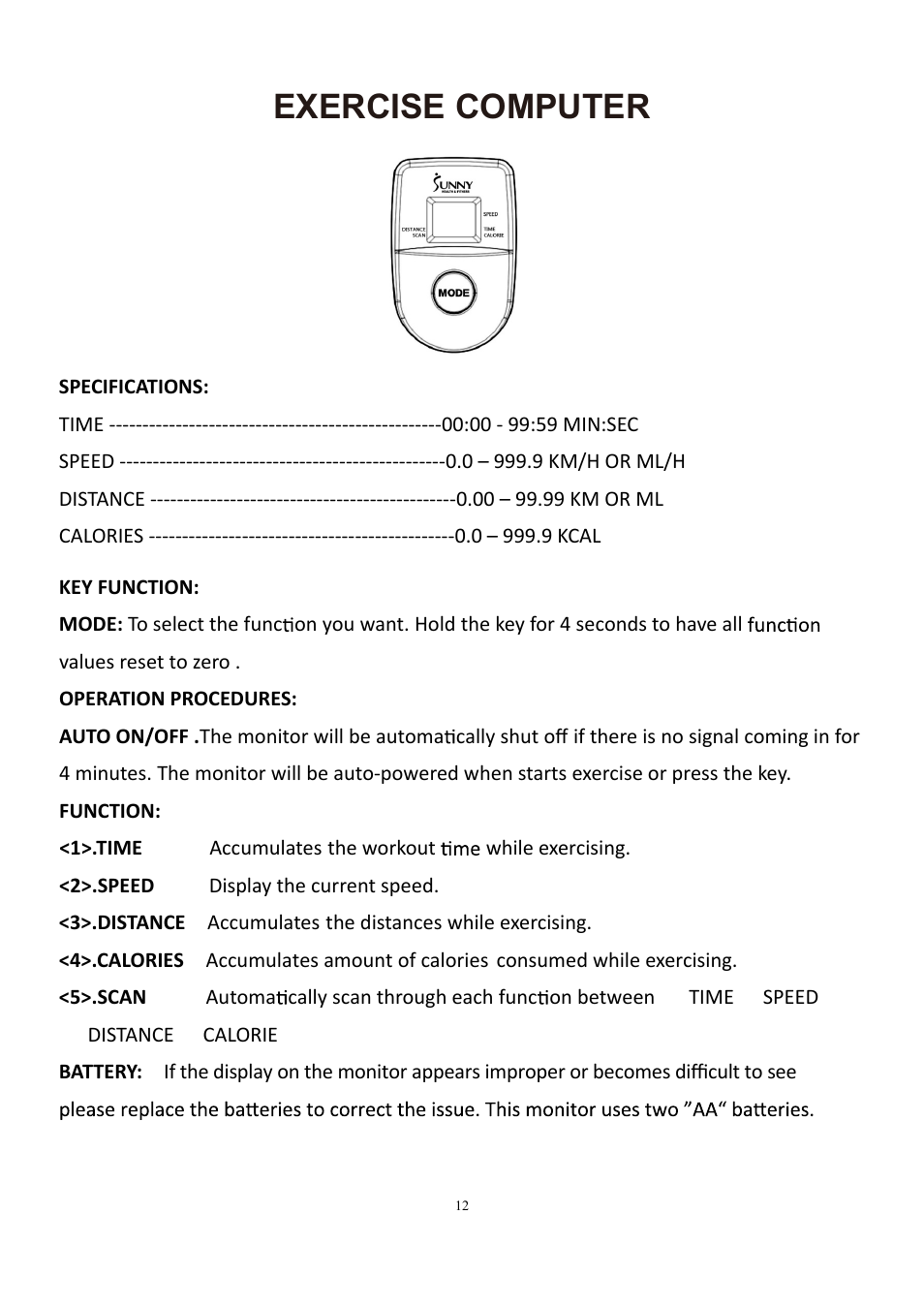 Exercise computer | Sunny Health & Fitness SF-B1203 User Manual | Page 13 / 14