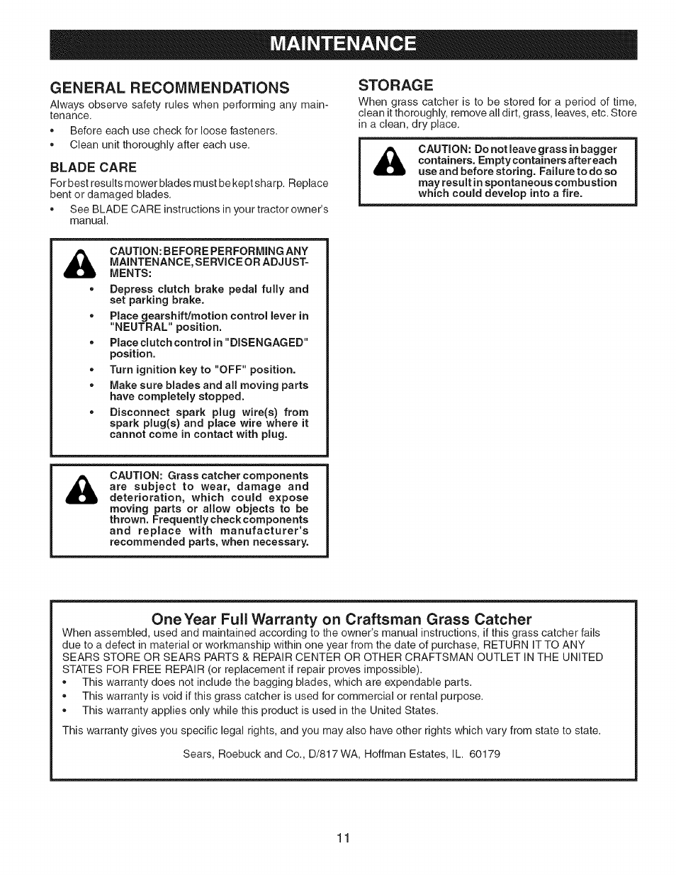 Maintenance, General recommendations, Storage | One year full warranty on craftsman grass catcher | Craftsman 917.248980 User Manual | Page 11 / 16