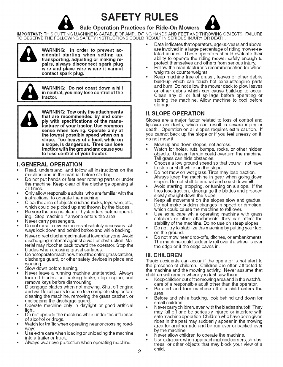 Ii. slope operation, Iii. children, I. general operation | Safety rules | Craftsman 917.248980 User Manual | Page 2 / 16