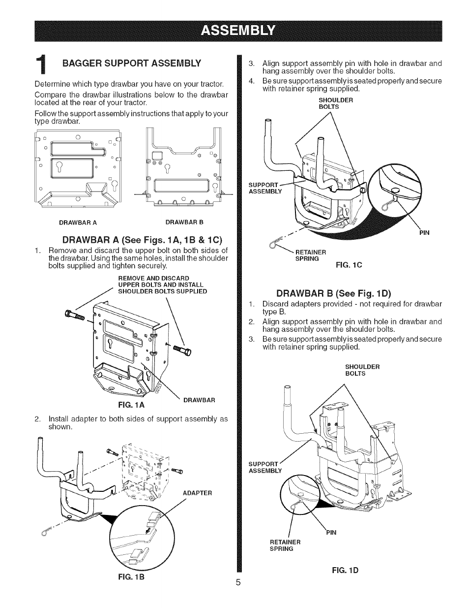 Assembly, Drawbar a (see figs. 1a,1b&1c), Drawbar b (see fig. id) | Craftsman 917.248980 User Manual | Page 5 / 16