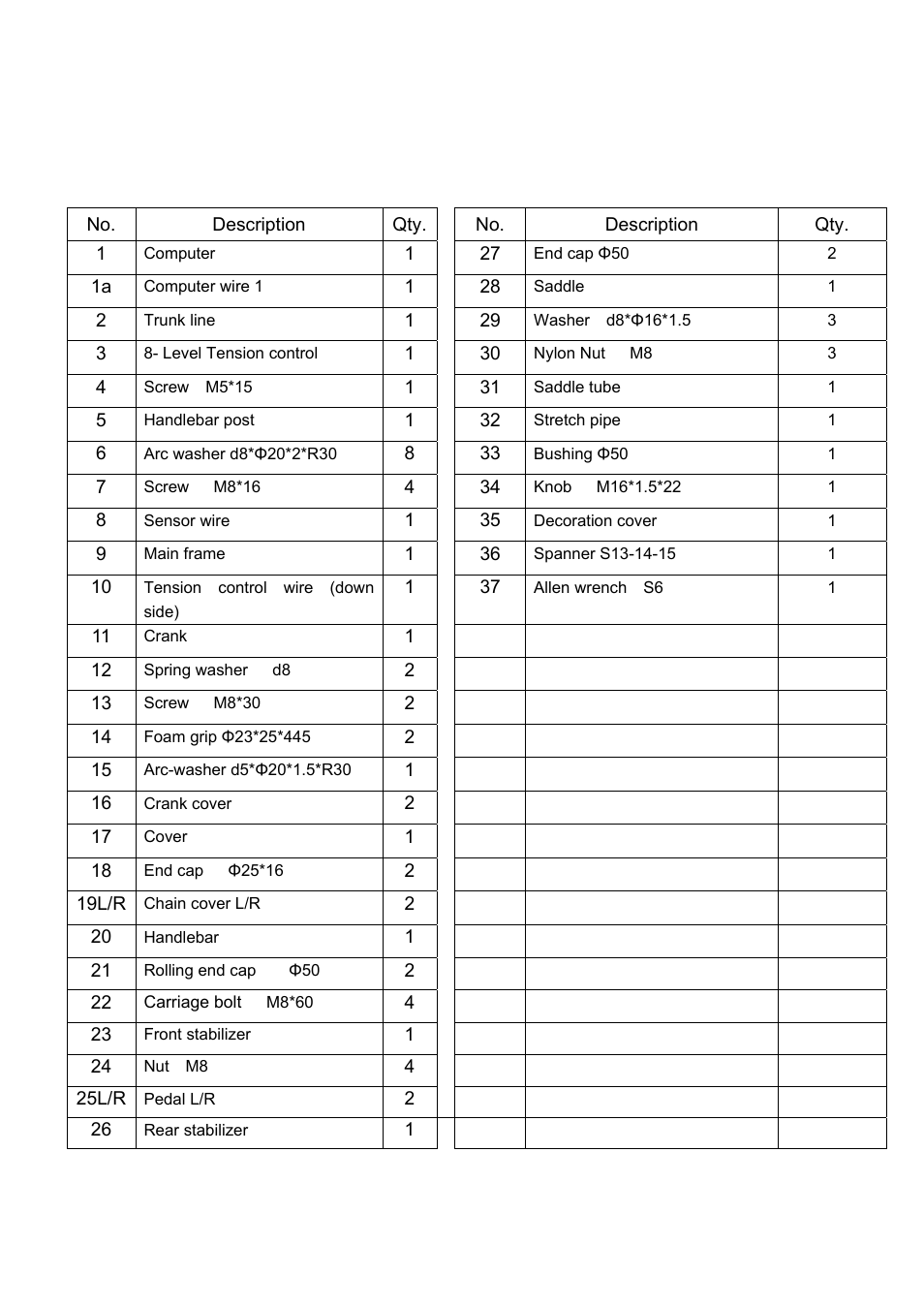 Parts list | Sunny Health & Fitness P8200 User Manual | Page 4 / 9