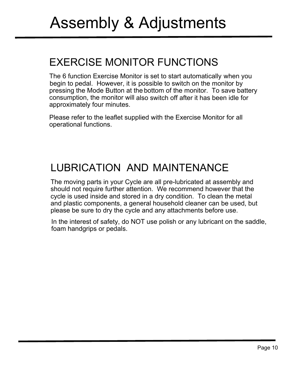 Assembly & adjustments, Exercise monitor functions, Lubrication and maintenance | Sunny Health & Fitness SF-B1004 User Manual | Page 11 / 18