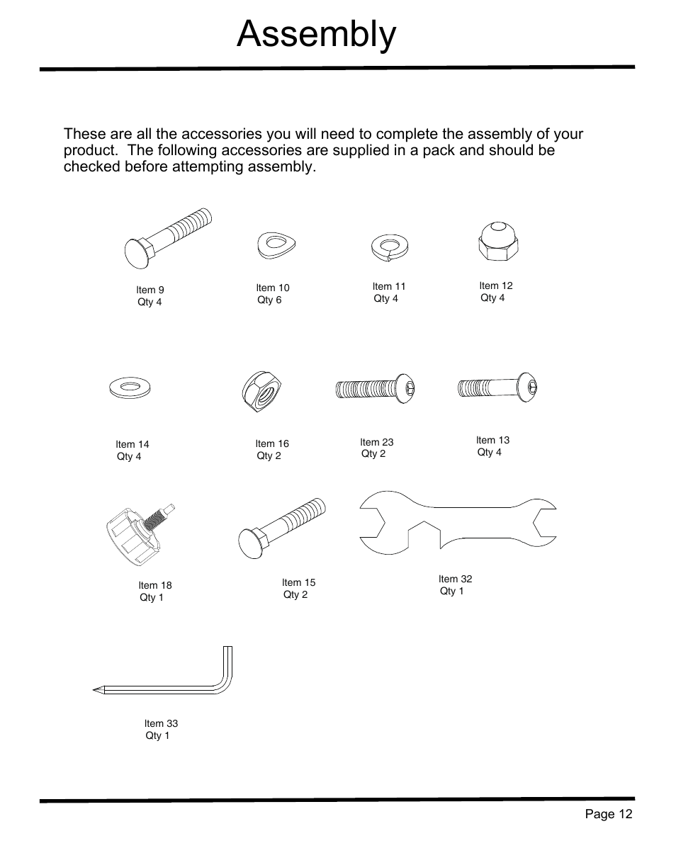 Assembly, Hardware list | Sunny Health & Fitness SF-B1004 User Manual | Page 13 / 18