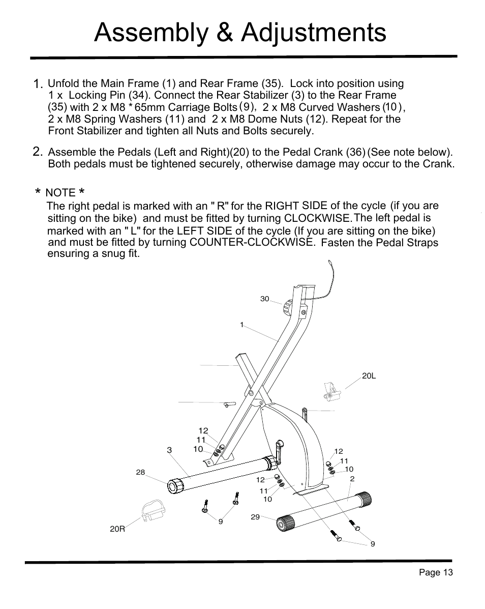 Assembly & adjustments | Sunny Health & Fitness SF-B1004 User Manual | Page 14 / 18