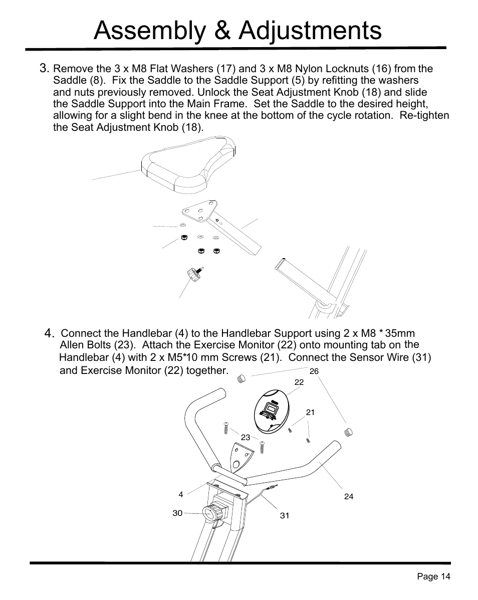 Assembly & adjustments | Sunny Health & Fitness SF-B1004 User Manual | Page 15 / 18