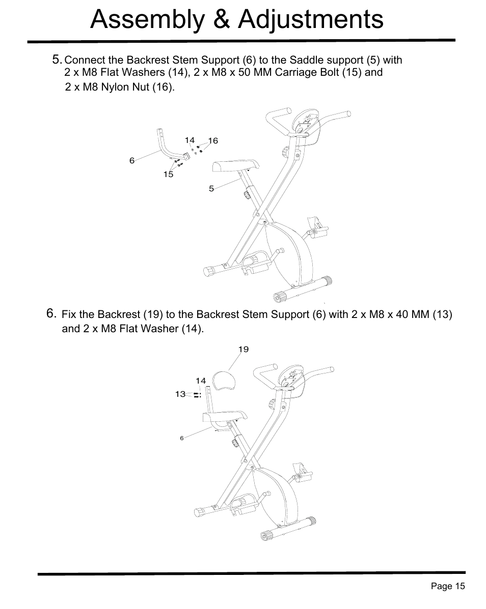 Assembly & adjustments | Sunny Health & Fitness SF-B1004 User Manual | Page 16 / 18