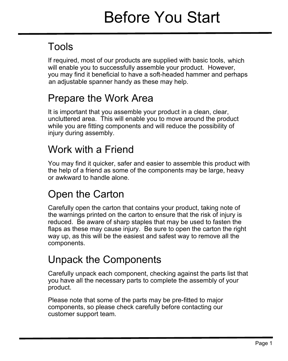 Before you start, Tools, Prepare the work area | Work with a friend, Open the carton, Unpack the components | Sunny Health & Fitness SF-B1004 User Manual | Page 2 / 18