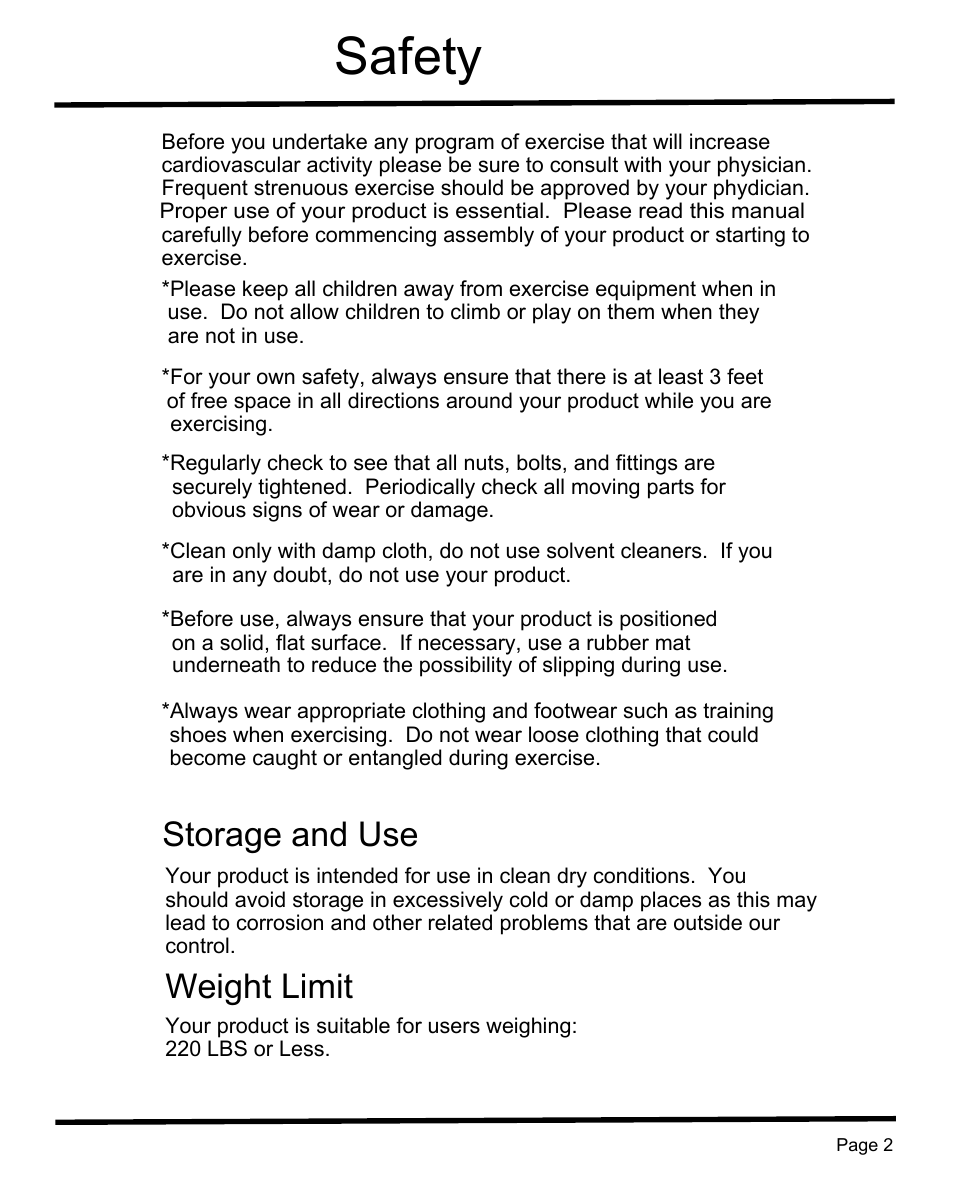 Safety, Storage and use, Weight limit | Sunny Health & Fitness SF-B1004 User Manual | Page 3 / 18